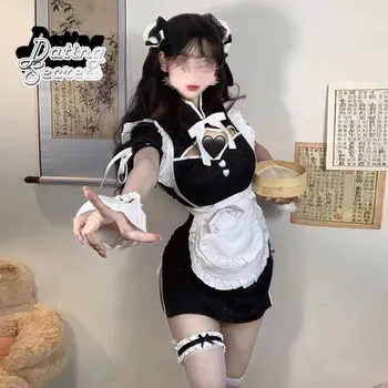 Косплей, черно-белое платье горничной Чонсам в китайском стиле, униформа японской девушки, милый галстук-бабочка, платье-визитка с кисточками, порно