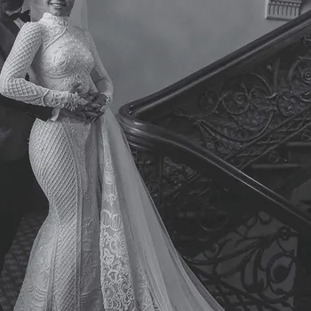 Роскошное Дубайское Мусульманское Кружевное свадебное платье Русалки 2020 Vestido de Noiva С длинным рукавом, Арабские Свадебные платья, Халат Mariee