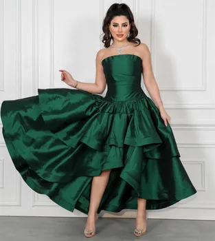 Винтажные Высокие Низкие вечерние платья из зеленой тафты трапециевидной формы без бретелек, плиссированные мусульманские асимметричные платья для выпускного вечера для женщин