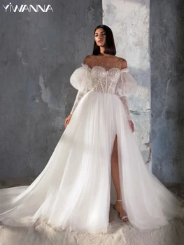 Классическое свадебное платье без рукавов с круглым вырезом, блестящий халат невесты с пайетками, скромное элегантное длинное свадебное платье А-силуэта Robe De Mariée