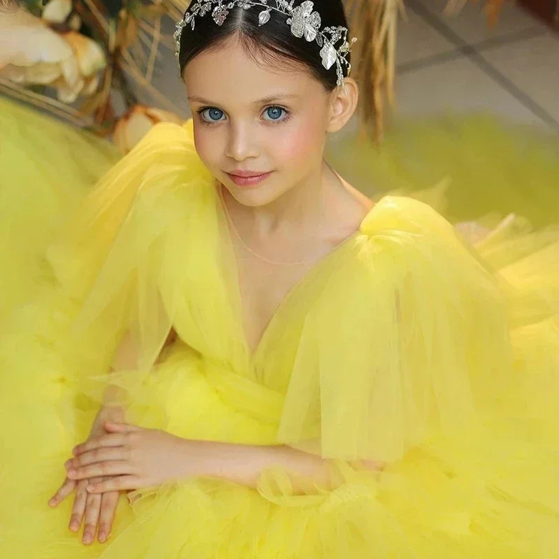 Платье с цветочным узором для девочки, тюлевое платье принцессы с рюшами для маленькой девочки, платье для свадьбы, дня рождения, первого причастия Изображение 1