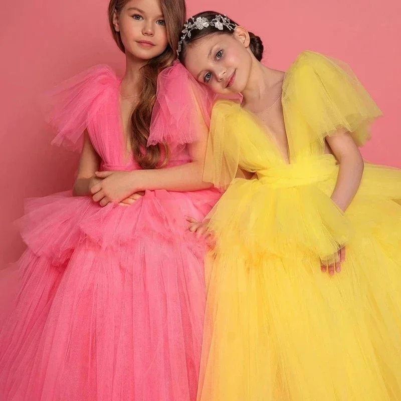 Платье с цветочным узором для девочки, тюлевое платье принцессы с рюшами для маленькой девочки, платье для свадьбы, дня рождения, первого причастия Изображение 3