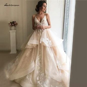 Халат из Лакшми, Свадебное платье Princesse Mariage с шампанским, Винтажные Кружевные Свадебные платья, Скромное Свадебное платье на бретельках 2020