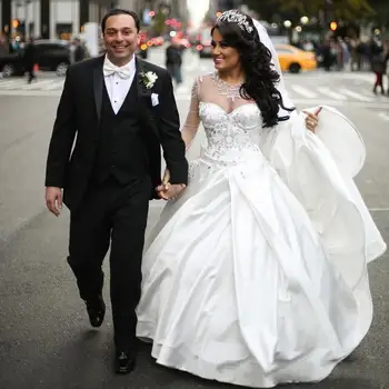 Свадебное платье принцессы Прозрачное Бальное платье с иллюзией шеи с длинным рукавом, украшенное кристаллами, расшитое бисером, атлас, Классический Дизайн, Роскошные Свадебные платья