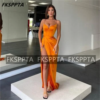 Оранжевое длинное вечернее платье на бретельках с высоким разрезом в виде сердца, сексуальные платья для свадебной вечеринки, дешевые платья для выпускного вечера, праздничное платье