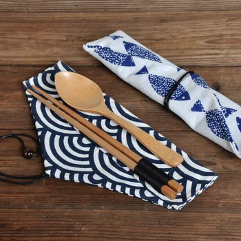 Переносная сумка для посуды с японским принтом, многоразовая соломинка для напитков, палочки для еды, чехол для столовых приборов, сумка на шнурке, сумка для столовых приборов для ложек и вилок