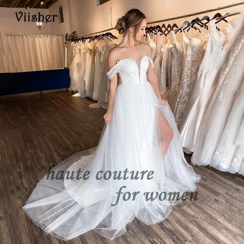 Белые свадебные платья с открытыми плечами для невесты, кружевные аппликации, тюлевое платье невесты трапециевидной формы со шлейфом, длинное пляжное свадебное платье