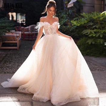 Свадебные платья трапециевидной формы Julia Kui Beauty с блестящим кружевом, без рукавов, с открытыми плечами, свадебные платья из перьев