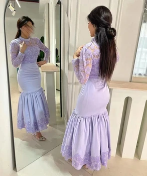 Платье Flora 2023, Новый дизайн, Фиолетовое Кружевное платье Русалки с высоким воротом, платья для выпускного вечера, Цветы с длинными рукавами, Элегантное вечернее платье Arabia