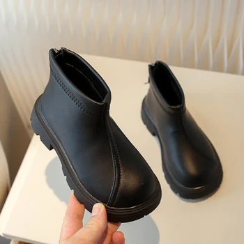 Детские осенние ботинки; нескользящие повседневные черные ботинки для девочек; модные детские ботильоны; Универсальные школьные кожаные ботинки с круглым носком для малышей;