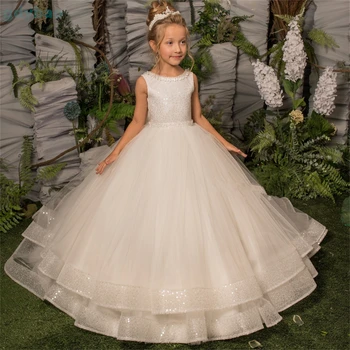Элегантное платье Маленькой принцессы с цветочным узором для девочек, кружевные тюлевые аппликации с бантами, бальные платья, нарядные платья для свадеб, одежда для Первого причастия