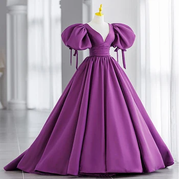 Реальные фотографии Новых вечерних платьев 2023 года, атласных фиолетовых рукавов с V-образным вырезом и коротким шлейфом, вечерних платьев для женщин, платьев для официальных мероприятий