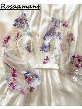 Свадебное платье с вышивкой, длинными рукавами, цветочным кружевом, в стиле Бохо, с глубоким V-образным вырезом и разрезом, Скромное гражданское свадебное платье в деревенском стиле