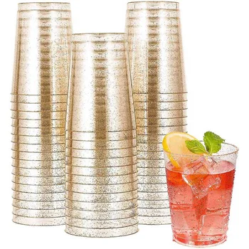 100-кратные прозрачные пластиковые стаканы, пластиковые стаканы с золотым блеском, Многоразовые стаканы для напитков, вечерние бокалы для вина