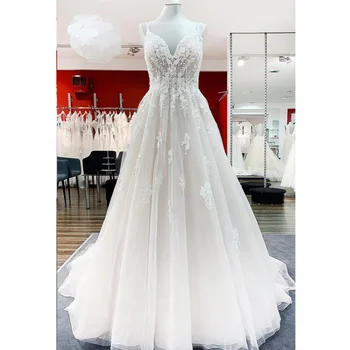 Сексуальное Элегантное Свадебное платье с кружевной аппликацией, халат с длинным V-образным вырезом, Трапециевидный Тюлевый Длинный свадебный халат Для женщин, халат Невесты на заказ