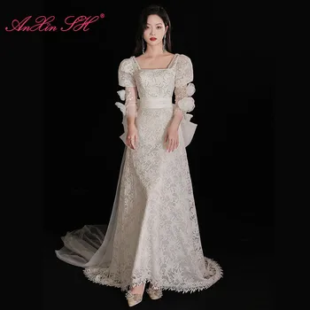 AnXin SH принцесса белое кружево французская ретро роза цветок милая бисероплетение кристалл большой бант вечернее платье невесты маленькое белое платье
