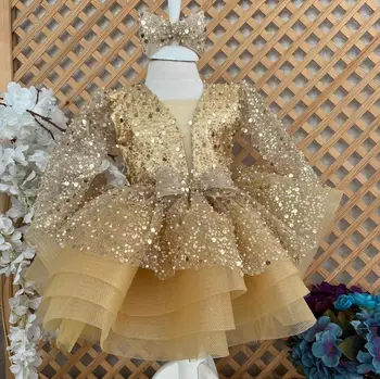 Платья для девочек в золотой цветочек с длинными рукавами и пышным рукавом, праздничное платье для детского дня рождения, выпускного вечера, праздничное платье принцессы 12 м 24 м для церемонии