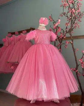 Пышные розовые платья с цветочным узором для девочек на свадьбу, многоуровневые детские платья для дня рождения, детские платья с перьями для первого причастия