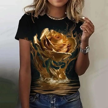 Летняя женская футболка Golden Rose с 3D принтом, женская модная футболка С круглым вырезом и коротким рукавом, Цветочные топы, футболки Harajuku
