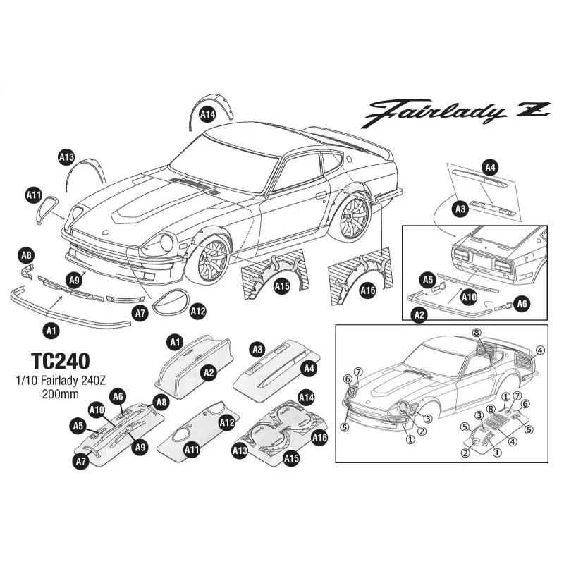 1/10 Nissan Fairlady 240Z Прозрачный Кузов Lexan С Задним Антикрылом + Световые Застежки, Зеркала Заднего Вида, 257 мм R / C Шасси для Дрифта Tamiya TT01 TT02 Изображение 1