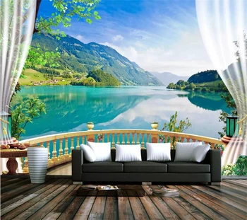 обои wellyu на заказ papel de parede 3D фотообои лесной балкон озеро голубое небо прозрачная вода белые облака река обои