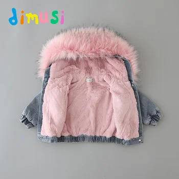 Детские джинсовые куртки DIMUSI, зимние пальто с капюшоном и воротником из искусственного меха для девочек, модные детские ветровки, джинсовые куртки, одежда для 8 лет
