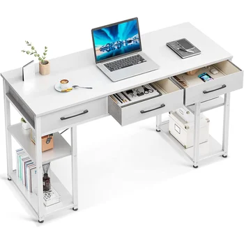 Маленький компьютерный стол ODK Office: Домашний стол с Тканевыми выдвижными ящиками и полками для хранения, Современный письменный стол, Белый, 48 
