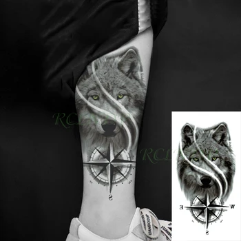 Водонепроницаемая временная татуировка, наклейка с головой Волка, Компас животного, Поддельная татуировка, флэш-тату, рука, нога, боди-арт для женщин, мужчин