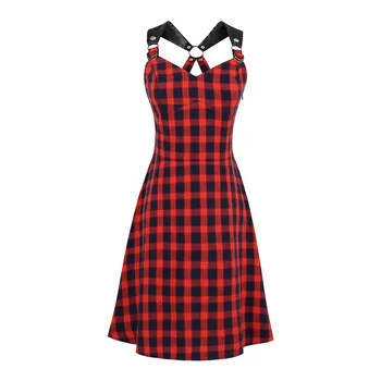 Темно-красное клетчатое платье Женское повседневное винтажное клетчатое платье на бретельках Сексуальное тонкое ретро-панк-готическое платье