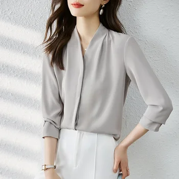 Новая модная шифоновая блузка с V-образным вырезом, женские повседневные свободные рубашки с длинным рукавом, Элегантные женские топы, Офисная женская одежда 29977