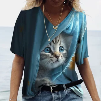 Женская футболка с 3D принтом Kawaii Cat, Топ Для девочек, Одежда Y2k, Летние Футболки С коротким рукавом, V-образный вырез, Повседневная Праздничная Женская футболка