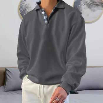 Осенние мужские модные рубашки Поло с длинным рукавом и отложным воротником, повседневные поло в стиле пэчворк, мужская одежда, мужские топы, пуловер, толстовка