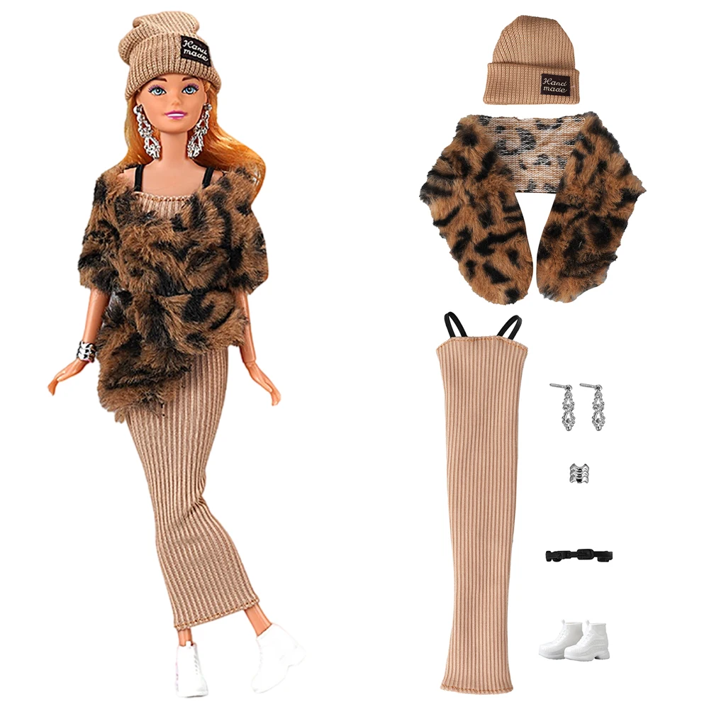 NK 1 Комплект королевского элегантного вечернего платья Куклы: шляпа + шаль с леопардовым принтом + платье + серьги + браслет + пояс + обувь Для аксессуаров Куклы Барби Изображение 0