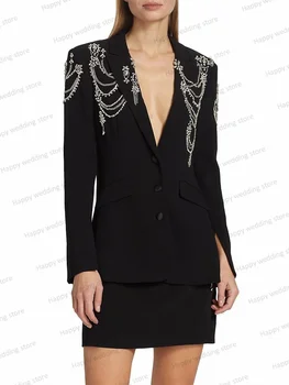 Свадебный женский костюм с кристаллами, блейзер, цельнокроеный, офисный, женский жакет с разрезным рукавом, пальто, наряд, черное вечернее платье для выпускного вечера, сшитое на заказ