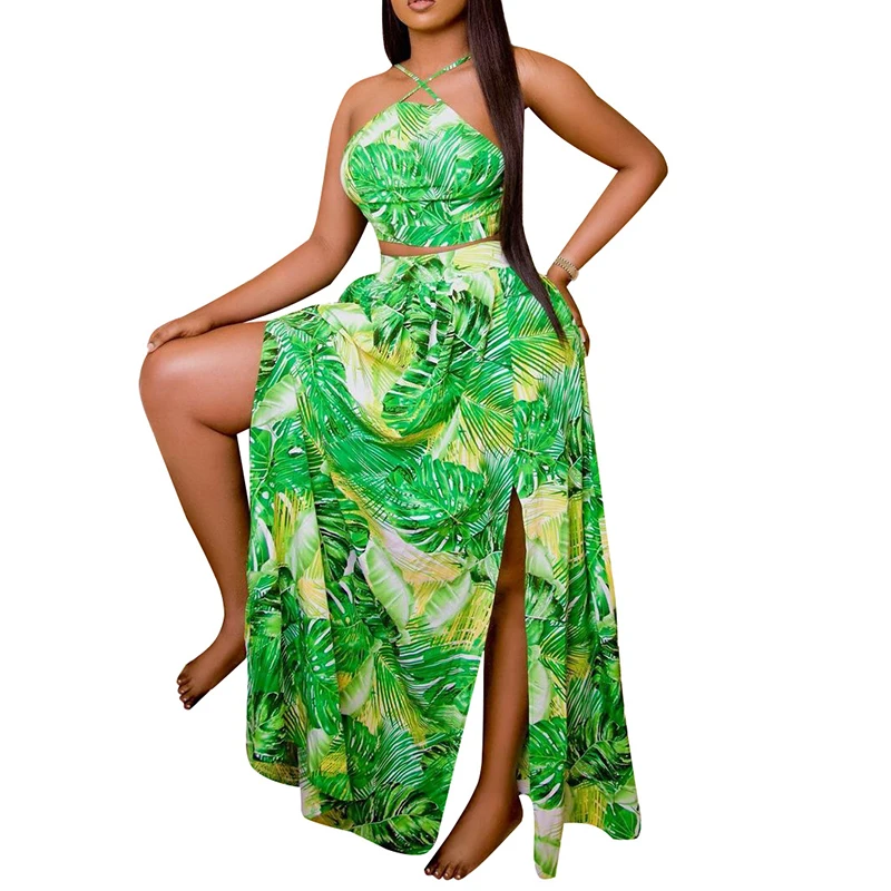 Комплект одежды с африканской юбкой, женские укороченные топы и длинная юбка с разрезом, летний костюм с новым принтом, пикантные пляжные африканские наряды, одежда Изображение 0