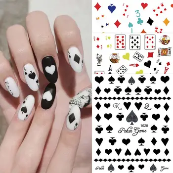 3D Дизайн для покера, наклейки для ногтей, игральные карты, украшения из клея для ногтей, пики, красные сердечки, наклейки для ногтей, милый дизайн ногтей