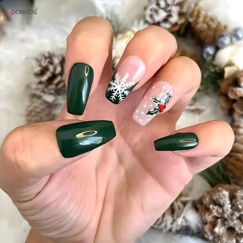 Рождественские гвозди с белым декором в виде снежинок, зеленые накладные ногти средней длины, пригодные для носки накладные ногти, наконечники для женщин и девочек 24шт