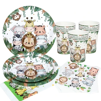 Одноразовая посуда для животных в джунглях, украшение для вечеринки по случаю Дня рождения в Сафари, Детский душ в дикой природе, Принадлежности для вечеринок в зеленых лесных джунглях