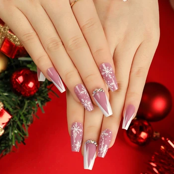 Рождественские украшения со стразами и белыми снежинками, короткие Т-образные накладные ногти, съемные Готовые накладные художественные ногти, прижмите к ногтю клеем