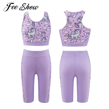 Фиолетовая спортивная одежда для девочек, набор для йоги, спортивный костюм для бега, спортивный жилет с рисунком мультяшной лошади и спортивные шорты, комплект для спортзала