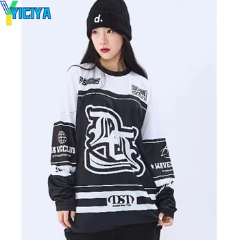 Футболка YICIYA, черная тонкая гоночная корейская мода, kpop, танцевальный зимний новый наряд, укороченный топ, женские блузки с длинными рукавами, футболки, топы 2023 года.