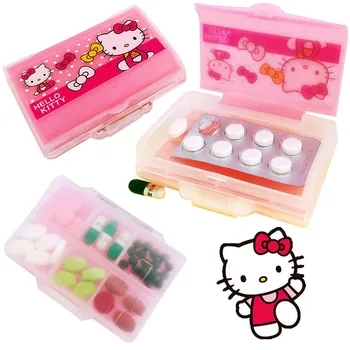 Kawaii Hello Kitty Pill Medicine Box Мультфильм Sanrioed Kt Cat Портативный Футляр для таблеток Контейнер Коробка для хранения Пластиковая Маленькая коробка для лекарств