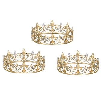 3X Royal King Crown Для Мужчин - Металлические Короны И Диадемы Для Принцев, Круглые Шляпы Для Празднования Дня рождения, Средневековые Аксессуары (Золото)