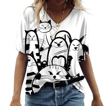 2023 Женские футболки с 3D-V-образным вырезом, Милые кошки С графическим принтом, Короткий рукав, Летние модные повседневные футболки Kawaii, Забавная женская одежда