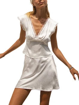 Элегантный и шикарный женский кружевной укороченный топ и короткая юбка для работы, клуба и пляжной одежды - без рукавов с V-образным вырезом Two