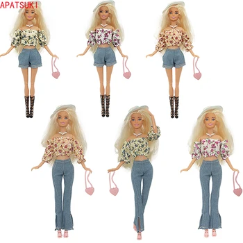Многоцветный комплект одежды для куклы Барби, уникальный топ с цветочным рисунком, синие шорты, брюки, ожерелье, сумка, обувь, наряды, аксессуары для 1/6 кукол