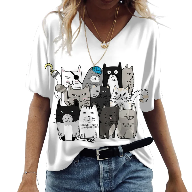 2023 Женские футболки с 3D-V-образным вырезом, Милые кошки С графическим принтом, Короткий рукав, Летние модные повседневные футболки Kawaii, Забавная женская одежда Изображение 1