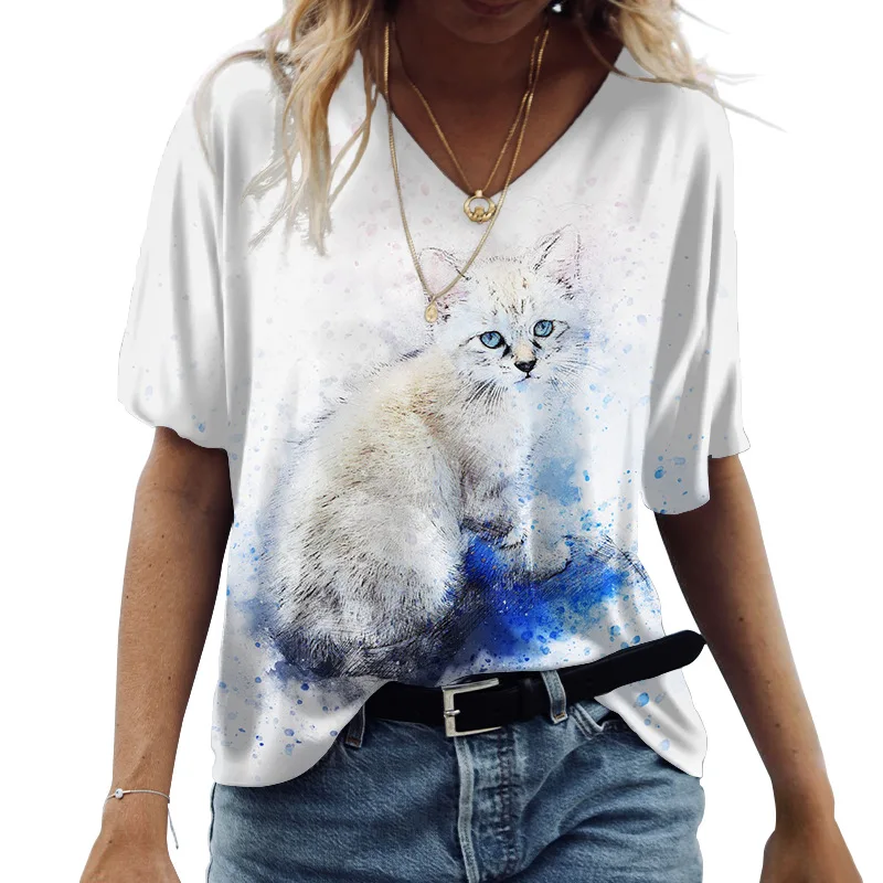 2023 Женские футболки с 3D-V-образным вырезом, Милые кошки С графическим принтом, Короткий рукав, Летние модные повседневные футболки Kawaii, Забавная женская одежда Изображение 2