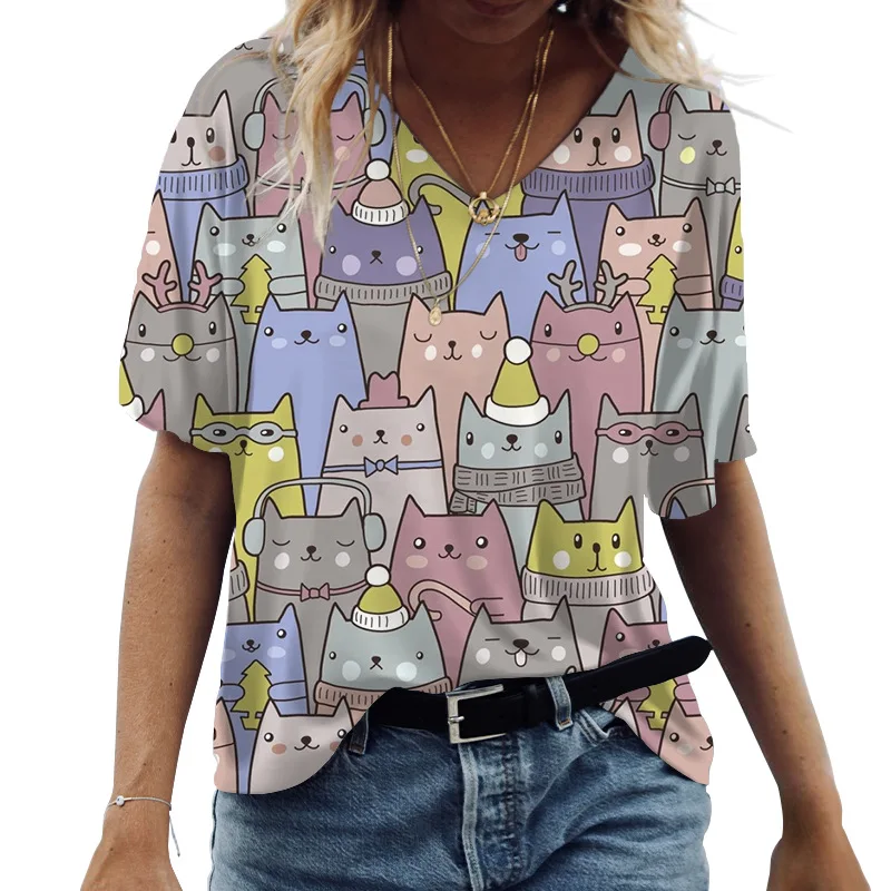 2023 Женские футболки с 3D-V-образным вырезом, Милые кошки С графическим принтом, Короткий рукав, Летние модные повседневные футболки Kawaii, Забавная женская одежда Изображение 3