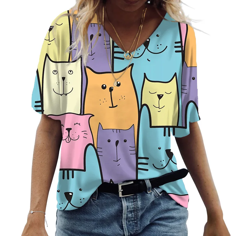 2023 Женские футболки с 3D-V-образным вырезом, Милые кошки С графическим принтом, Короткий рукав, Летние модные повседневные футболки Kawaii, Забавная женская одежда Изображение 4